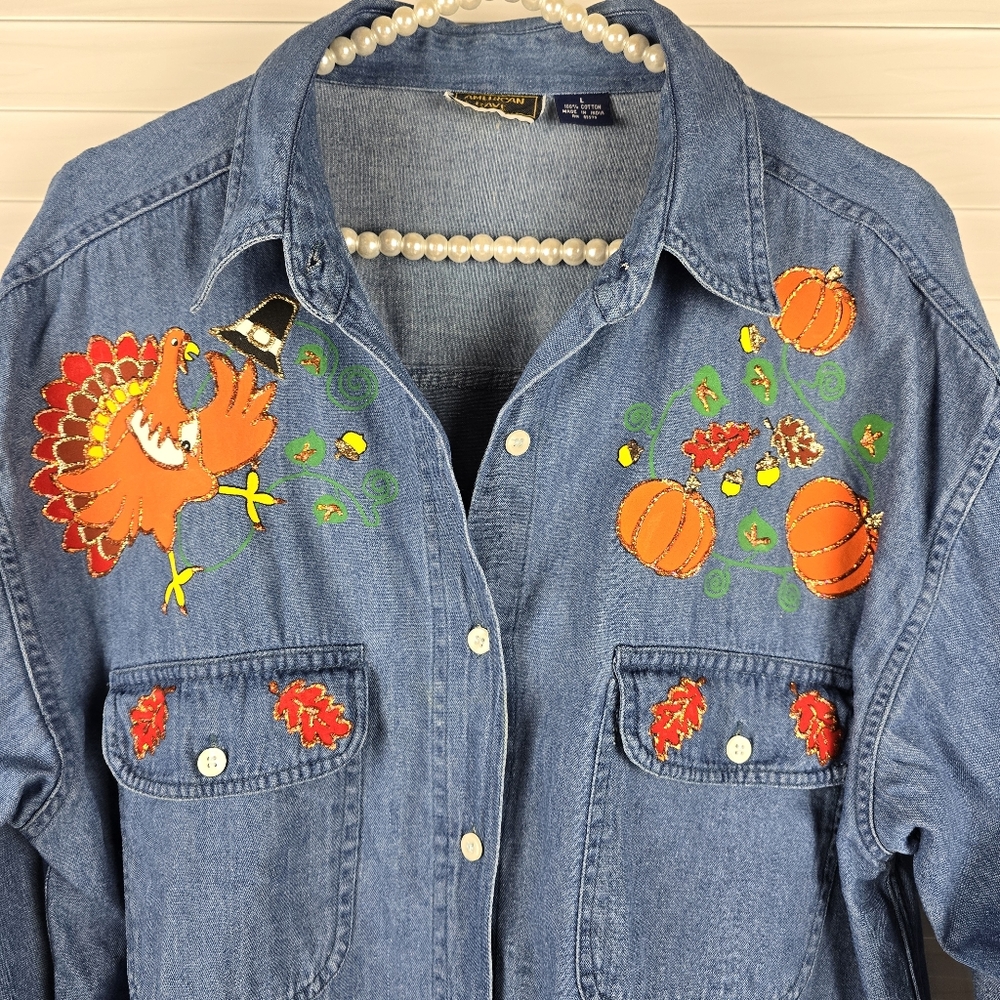 American Rave Fall Theme Long Denim Shirt Vintage
